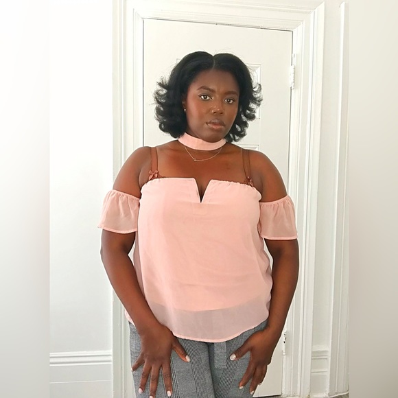Powder Pink Off The Shoulder Top With Slit Front Lightweight Top With NeckTie - Picture 5 of 7